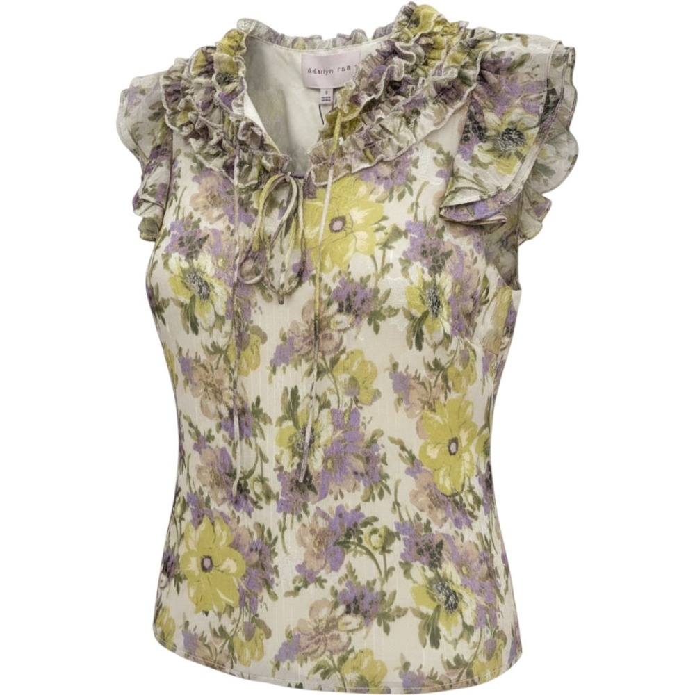 Adelyn‎ Rae Sleeveless Floral Blouse Small Ruffles Purple Yellow Cottage Soft